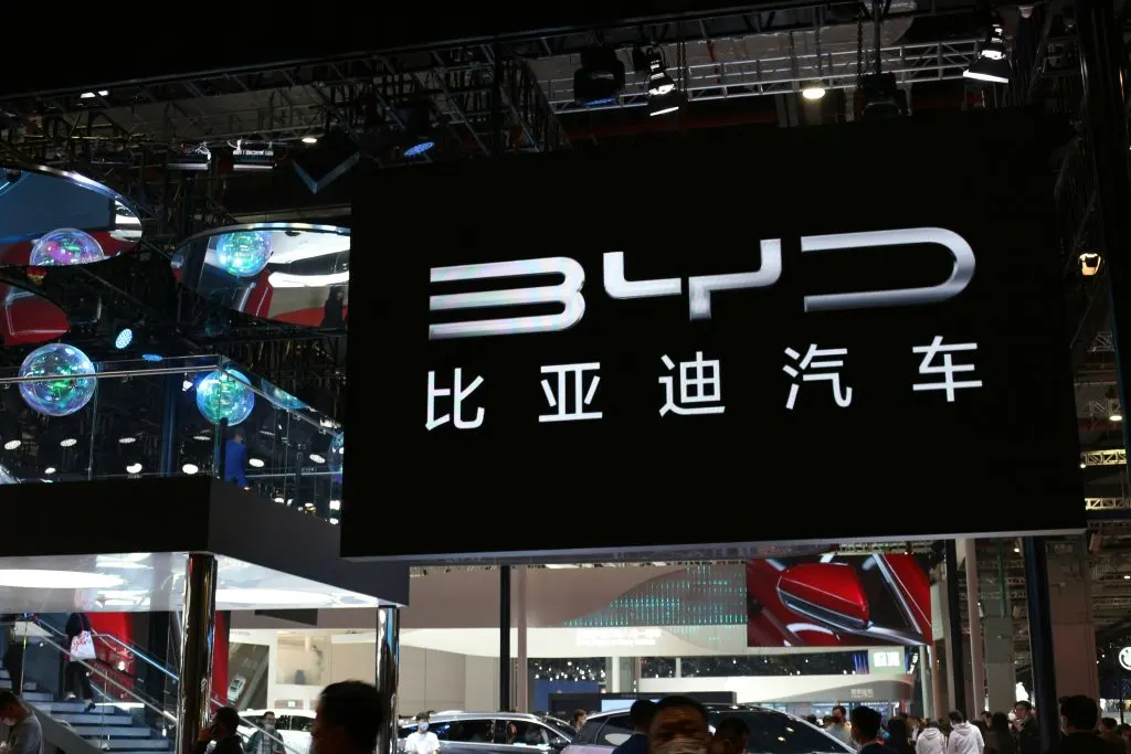 BYD logo on displayed above some cars